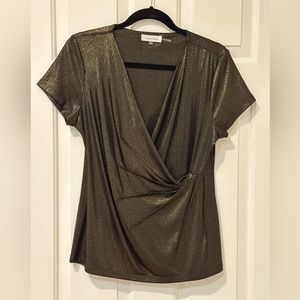 Calvin Klein metallic shimmer black gold faux wrap tee